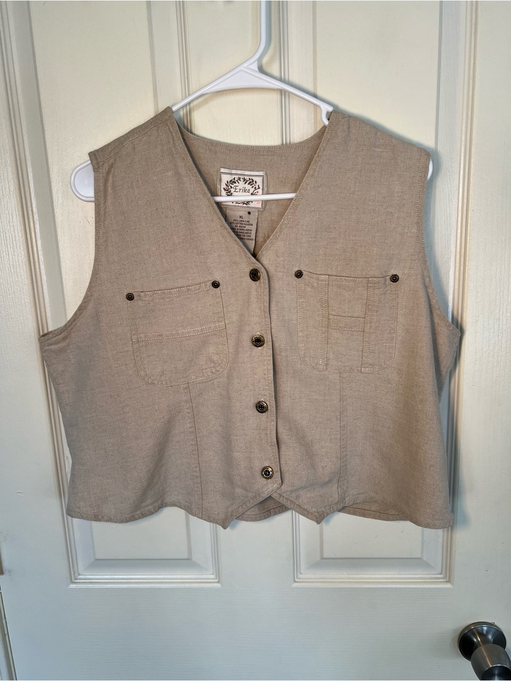 Erika Linen Blend Button Front Utility Vest Beige XL